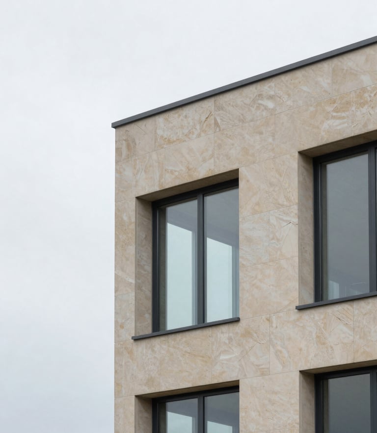 Sober minimalist architectural detail of a contemporary stone and glass facade in Luxembourg, soft overcast daylight, cool slate tones, 35mm lens