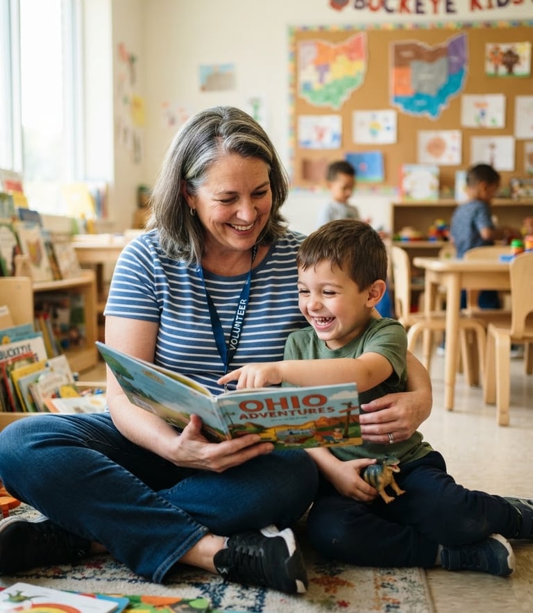 Candid medium shot of a cheerful volunteer reading a book with a young boy in a colorful Ohio community center classroom, warm natural daylight, bright friendly atmosphere