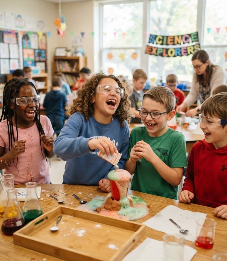 Candid medium shot of diverse Midwestern children laughing during a messy science experiment in a bright Ohio classroom, natural daylight, shallow depth of field