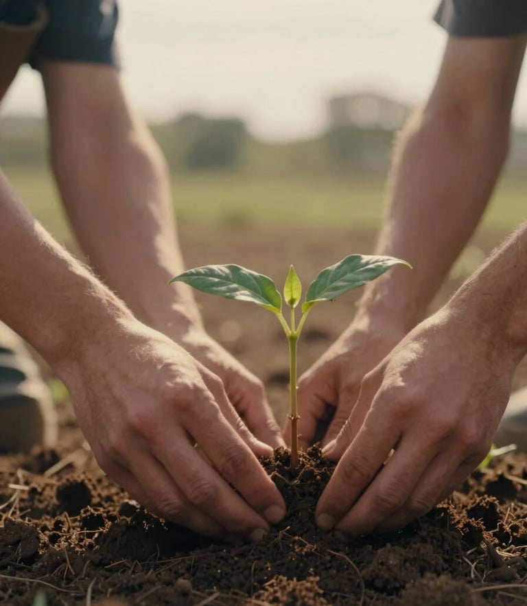 Candid close-up of hands planting a small sapling in dark soil, warm golden hour light, cinematic 35mm film look