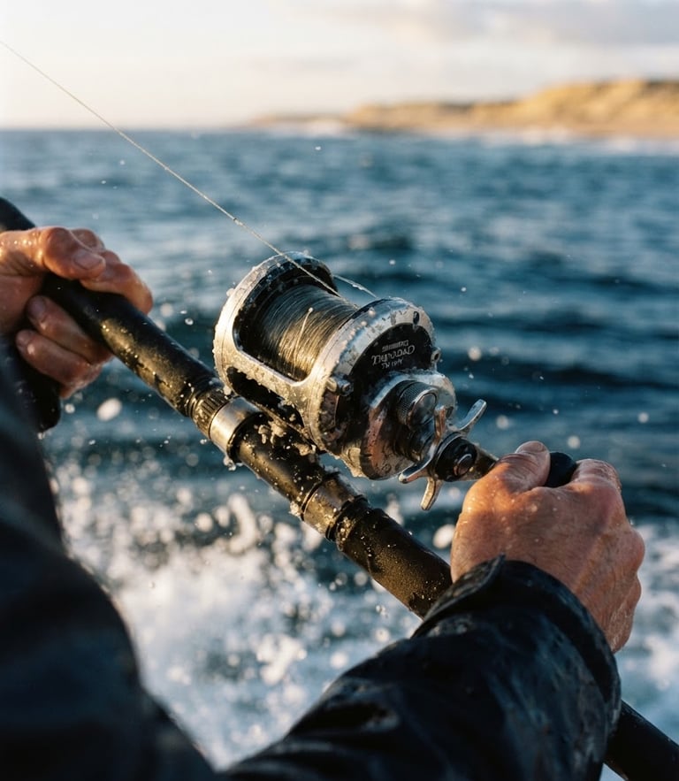 Close-up of a wet fishing reel with salt spray, early morning coastal light, deep ocean blues, authentic marine photography, 35mm