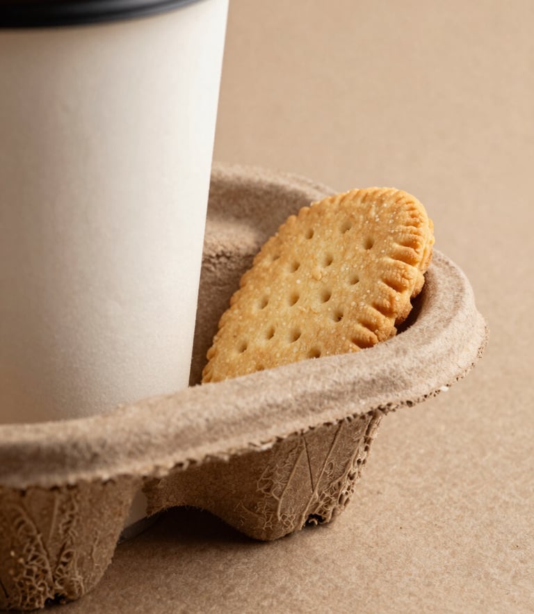 Technical studio photograph of the double-walled coffee cup, showing a close-up of the integrated compartment holding a biscuit, clean shadows defining the die-cut edges against the raw Kraft paper background.