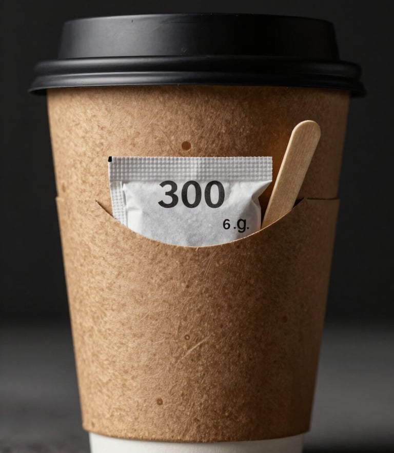 Macro studio shot of a 300g Kraft liner coffee cup, high contrast lighting, showcasing the physical depth of the integrated die-cut pocket holding a sugar packet and stirrer, dark background.