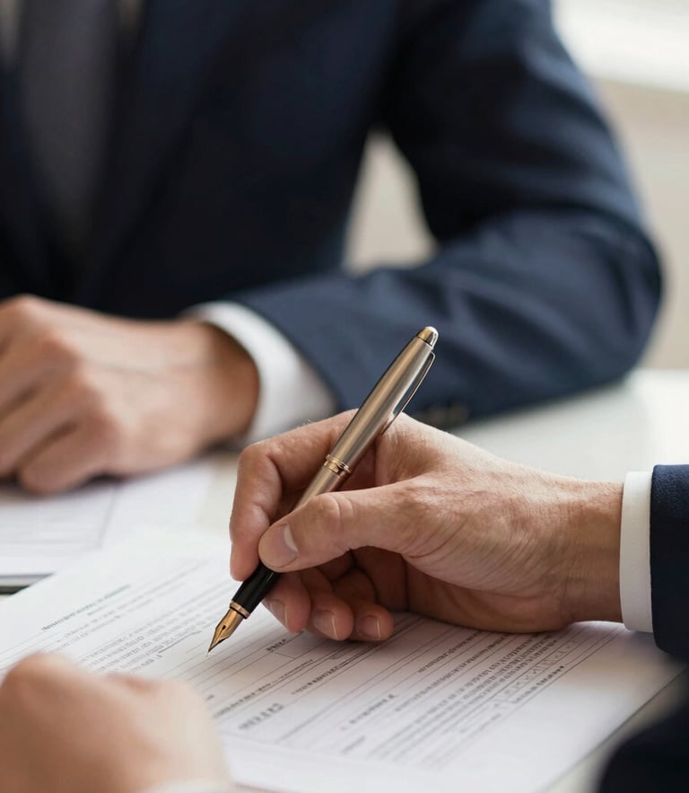 Close-up of professional hands holding a fountain pen over clean financial printouts, soft warm champagne and deep navy tones, office daylight, shallow depth of field