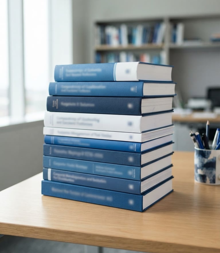 Academic books stacked neatly on a clean wooden desk, bright natural daylight, clean corporate blue and white tones, sharp focus, 35mm lens