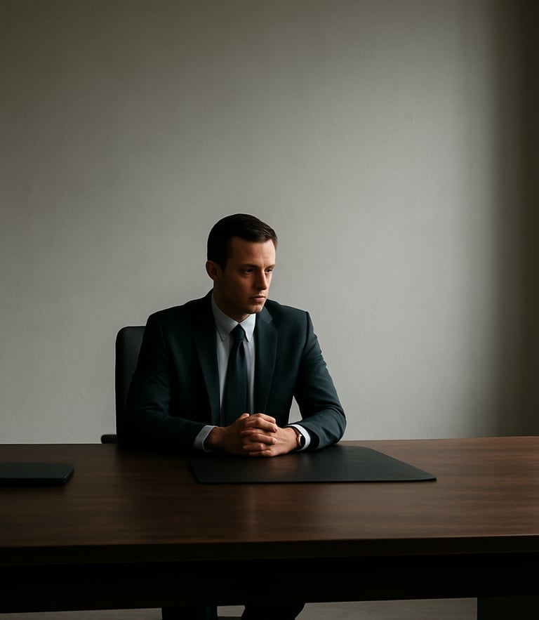 Wide architectural minimalist workspace with soft side-lighting, a single focused executive sitting at a clean dark wood desk, generous negative space, quiet atmosphere.