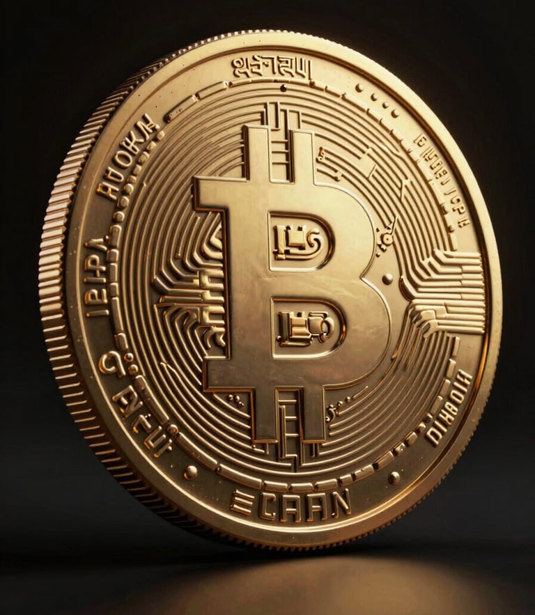Dark-mode 3D render of a heavy, metallic cryptographic coin with intricate Sanskrit-inspired geometric engravings, glowing gold and amber lighting, high-contrast obsidian background
