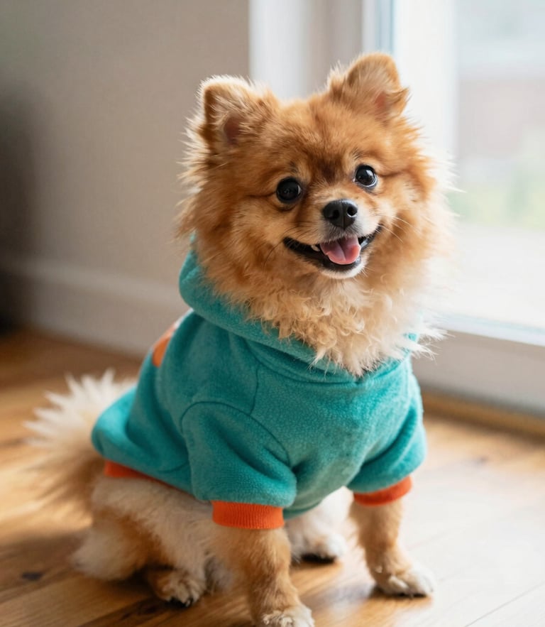 A happy fluffy Pomeranian dog sitting comfortably on a warm wooden floor, soft morning light from a window, wearing a colorful handmade teal hoodie, medium close-up, warm editorial photography style.