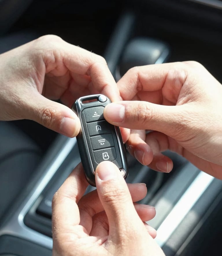 Sharp technical close-up of hands programming a modern transponder key fob inside a vehicle cabin, bright natural daylight, high-contrast.