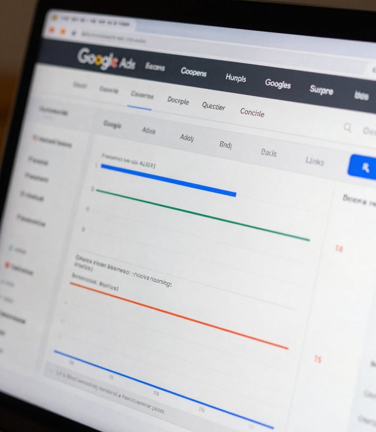 A crisp, daylight-clear macro shot of a real-time Google Ads dashboard, displaying structured campaign ad groups, clean conversion metrics, and high-contrast performance charts on a dark interface screen.