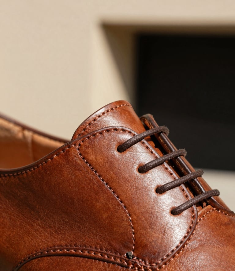 Macro close-up of premium brown leather shoe stitching, warm natural sunlight highlighting the rich texture, minimalist architectural background