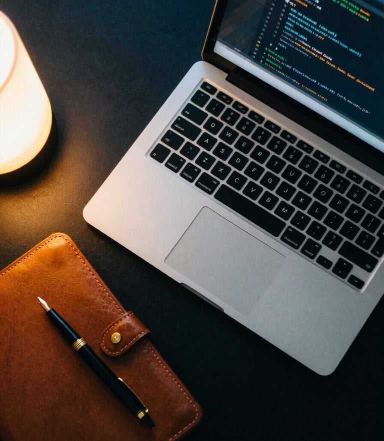 Overhead flat lay of an organized luxury study space, a premium laptop displaying clean code, a gold-capped fountain pen on a leather notebook, warm ambient lighting, 35mm photography
