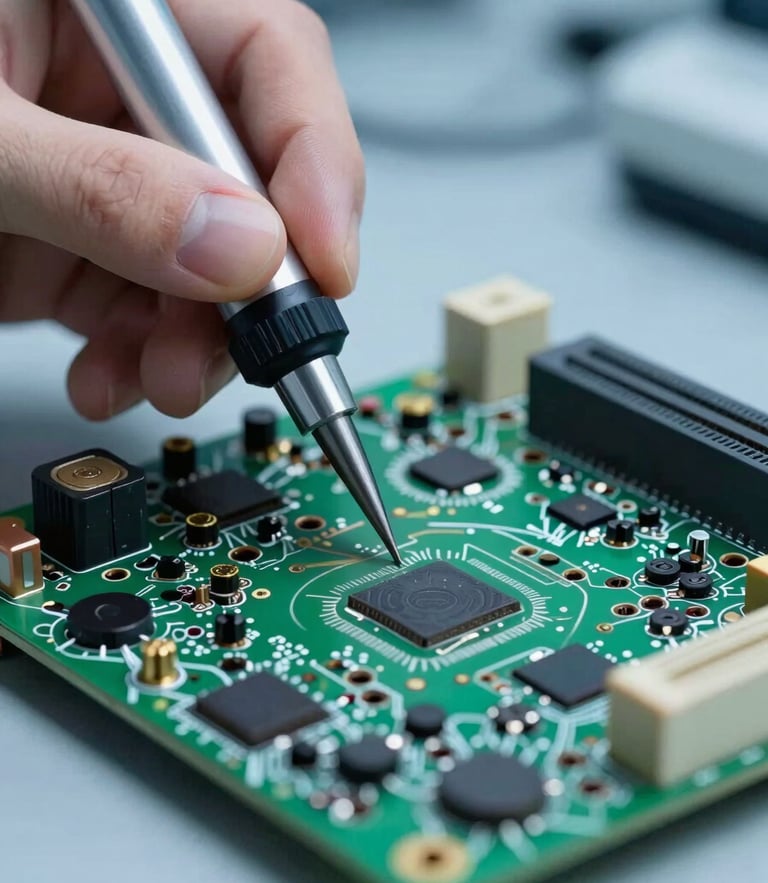 Macro close-up of a technician's hand using a fine-tipped diagnostic probe on a green television motherboard, cool blue laboratory lighting, high technical detail.