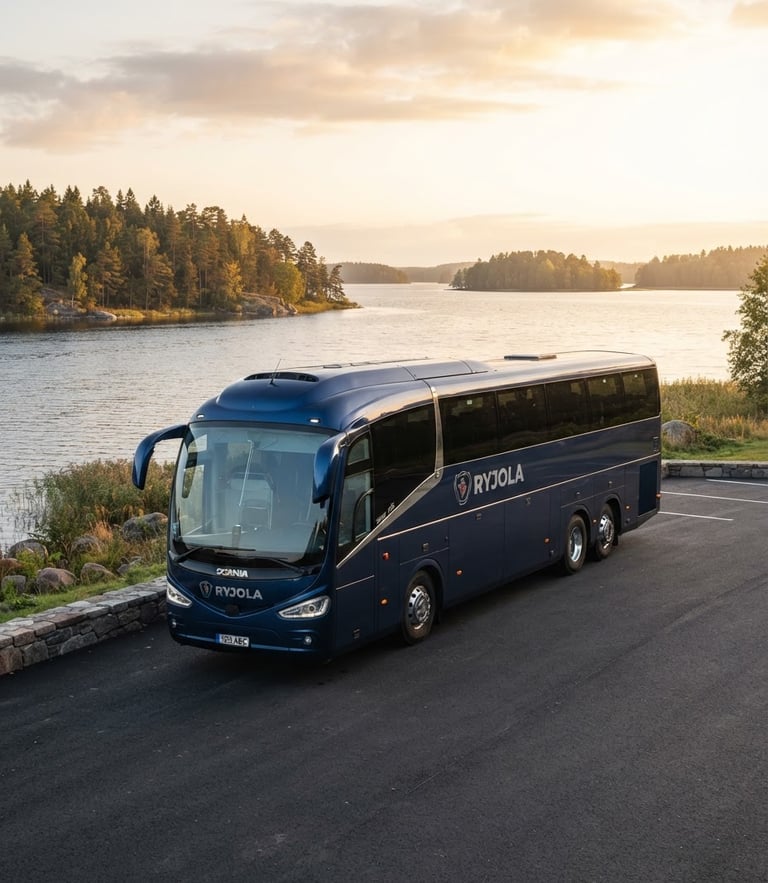 Crisp commercial vehicle photography of a modern dark blue RYJOLA charter bus parked at a scenic Baltic lakeside during morning golden hour, sharp focus, 35mm lens
