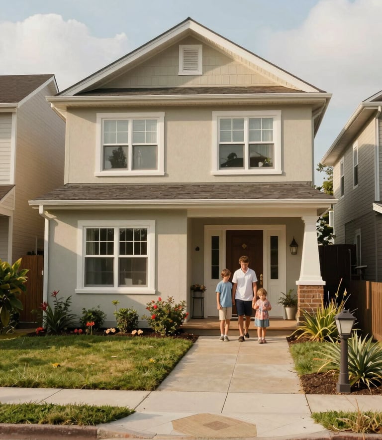 A modest, un-staged family home in an established neighborhood, captured in warm, natural daylight.