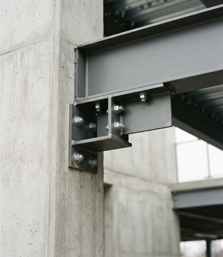 Close-up of a structural concrete column meeting a steel beam, geometric architectural lines, soft overcast daylight, desaturated cool tones, 35mm