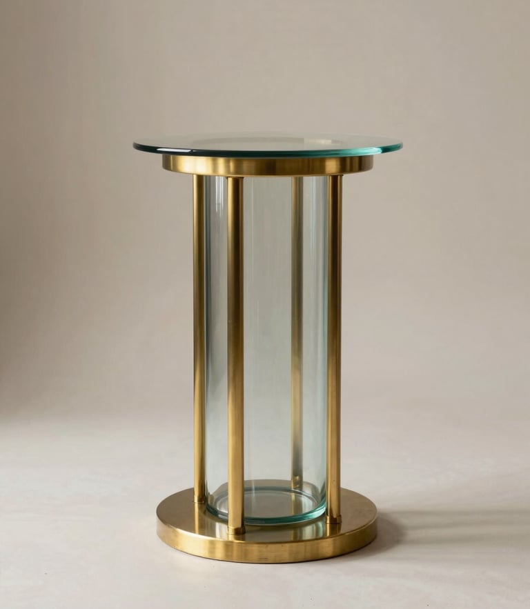 Architectural studio shot of a fluted glass pedestal with brushed brass accents, clean symmetrical composition, soft diffused natural light, neutral alabaster background.
