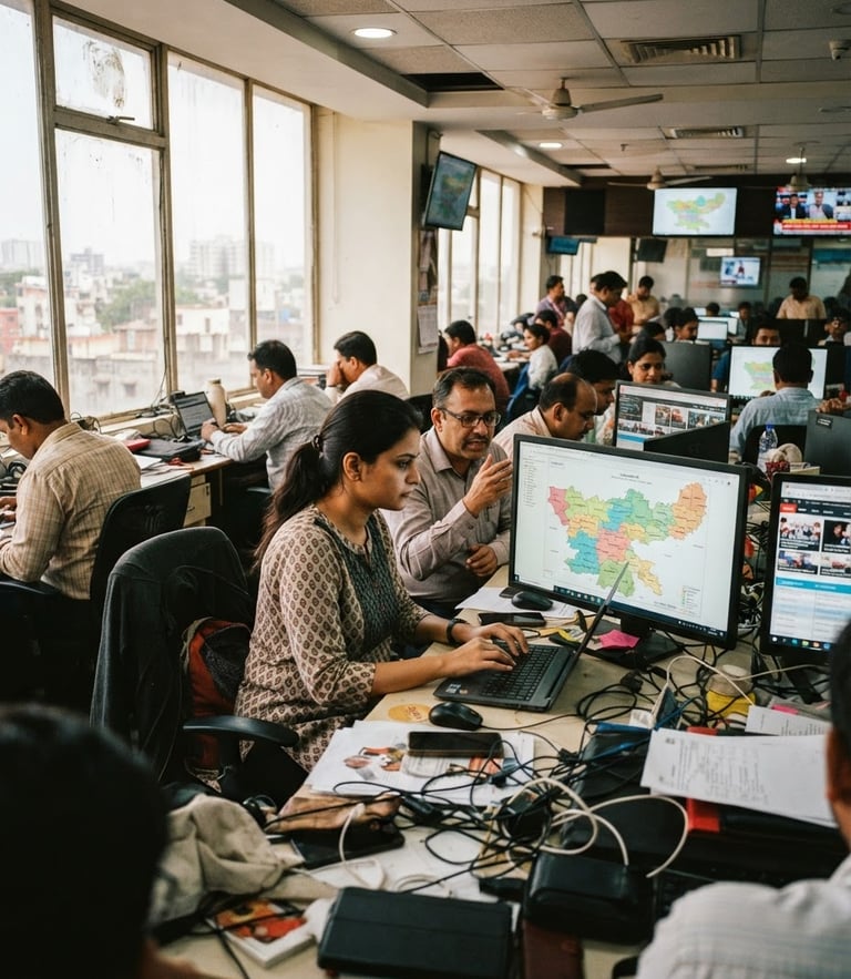 A busy local newsroom in Ranchi with journalists working at desks, large monitors showing maps of Jharkhand, natural window light, editorial photojournalism style