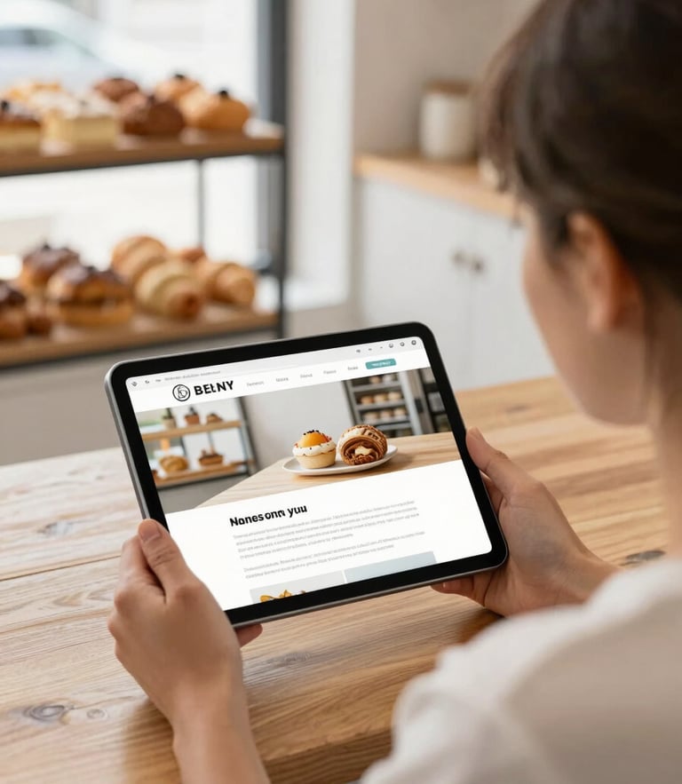 Over-the-shoulder shot of a small business owner in a bright, modern bakery, looking at a clean website layout on a tablet. Natural morning light.
