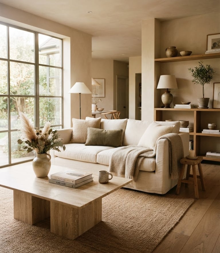Warm editorial interior photography, soft morning window light, elegant minimalist living room with a travertine coffee table, neutral linen sofa, 35mm