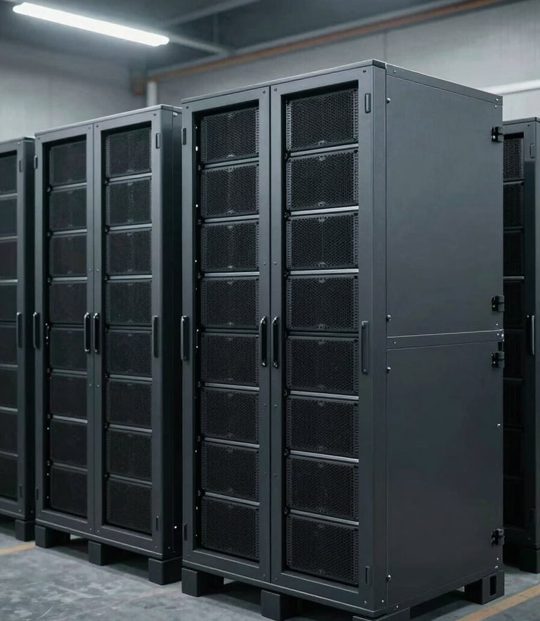 Industrial environmental shot of organized pallets of server racks in a secure warehouse facility under cool fluorescent lighting, desaturated slate and metallic tones, sharp focus, 35mm