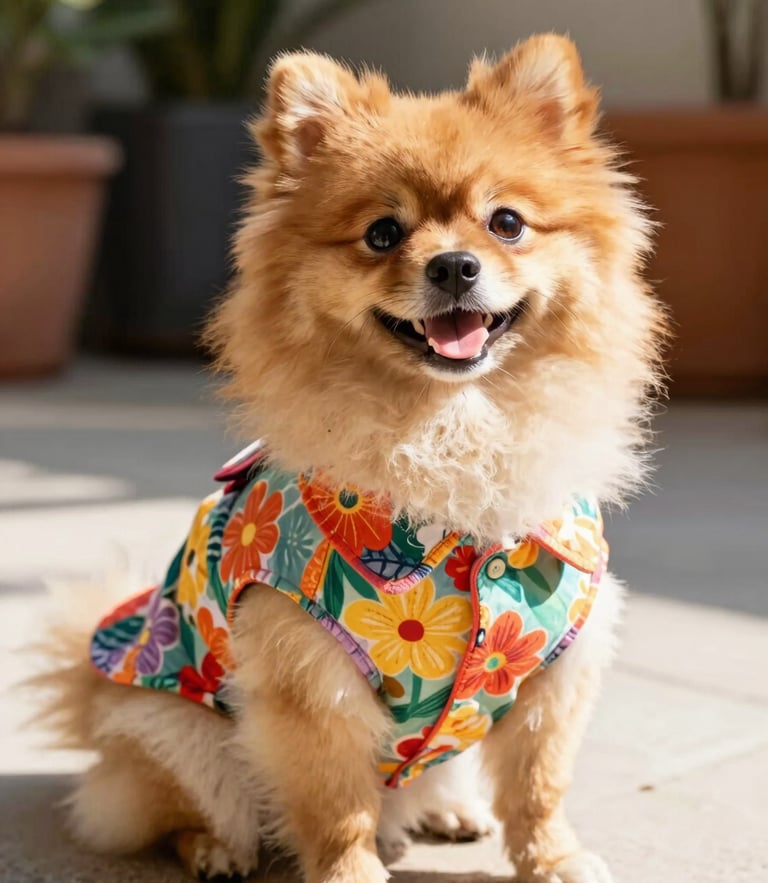 A happy fluffy Pomeranian wearing a colorful handmade floral shirt, sitting in bright warm sunlight on a patio, eye-level shot, 35mm portrait