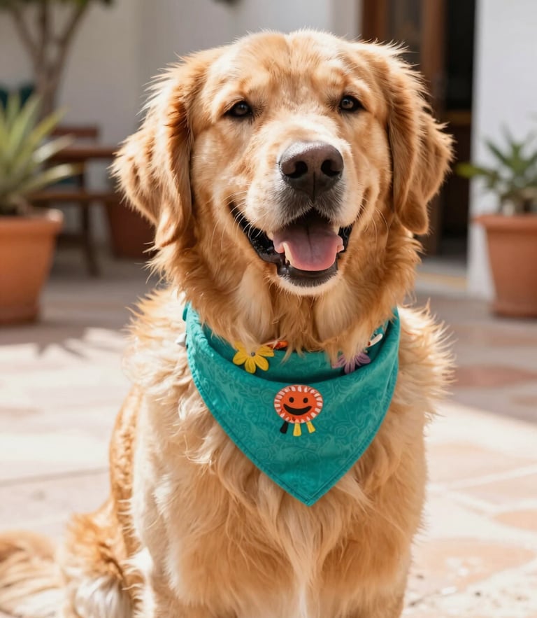 A happy fluffy golden retriever wearing a colorful handcrafted teal bandana, sitting in a sunny Mexican patio, warm lifestyle photography, bright natural daylight, vibrant joyful tones, shallow depth of field, eye-level pet portrait, 35mm