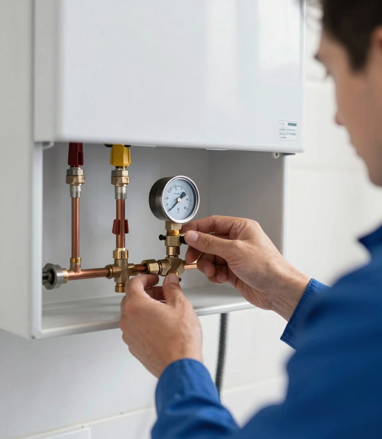 Professional technician calibrating a modern combi boiler in a bright Malatya utility room, close-up on copper pipes and pressure gauge, clear natural lighting, 35mm