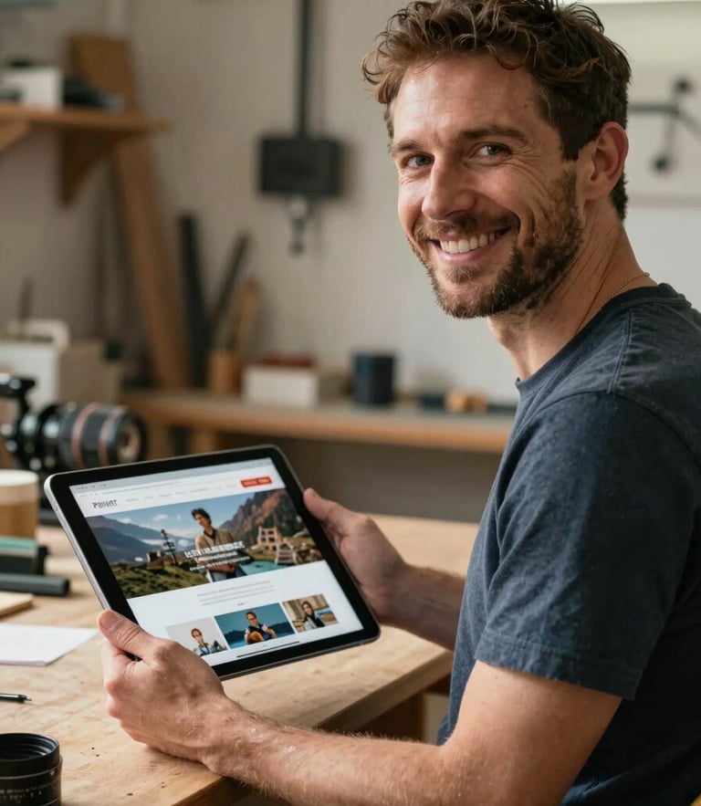 An environmental portrait of a Swiss artisan smiling in a sunlit workshop, holding a digital tablet showing their website homepage