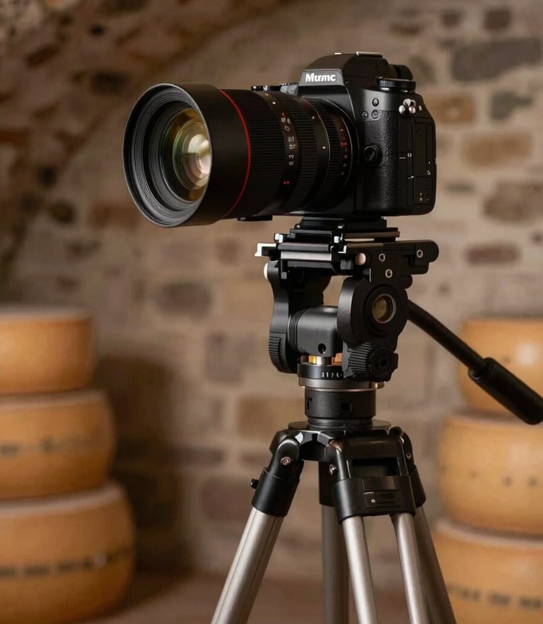 A professional camera setup on a tripod inside a rustic Swiss cheese cellar, capturing high-quality marketing photos