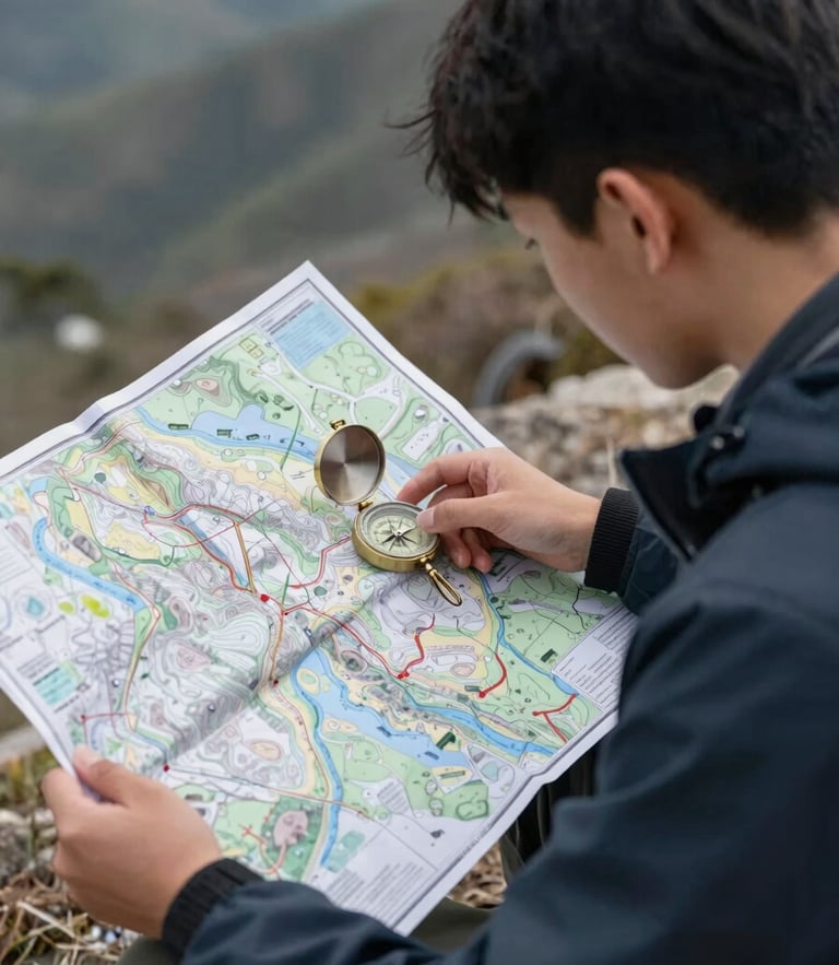 A student analyzing a topographic map with a compass in high-altitude terrain, crisp natural daylight, documentary outdoor photography style
