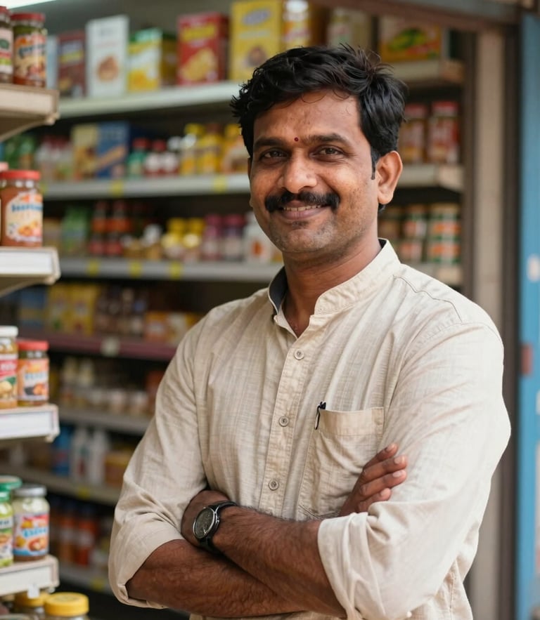 A proud Indian small business owner standing in his brightly lit grocery shop, warm natural daylight, smiling confidently, shallow depth of field