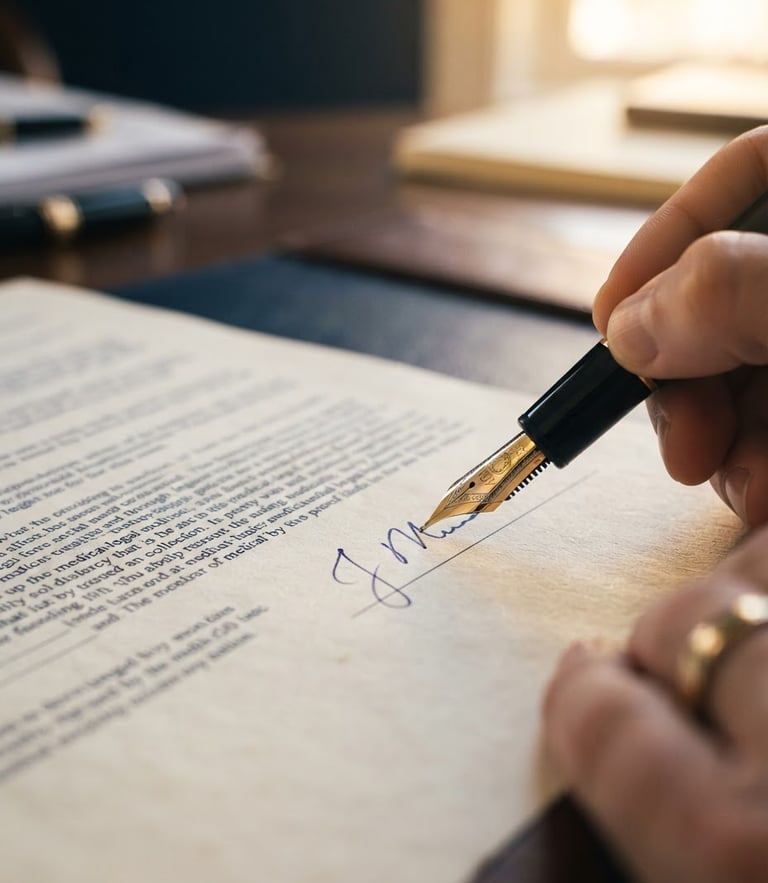 Macro close-up of a fountain pen signing a medical-legal document on heavy cream paper, warm golden-hour side lighting, shallow depth of field, 35mm