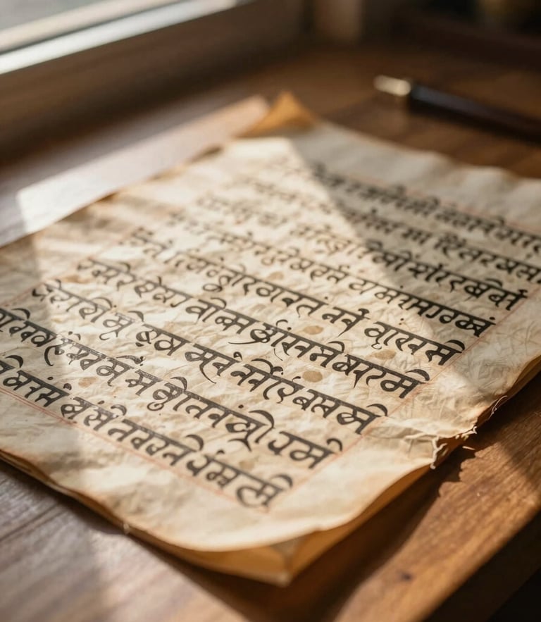 Macro detail of ancient Sanskrit palm-leaf manuscripts resting on a clean wooden surface, warm morning sunlight filtering from a side window, highlighting the textured script.