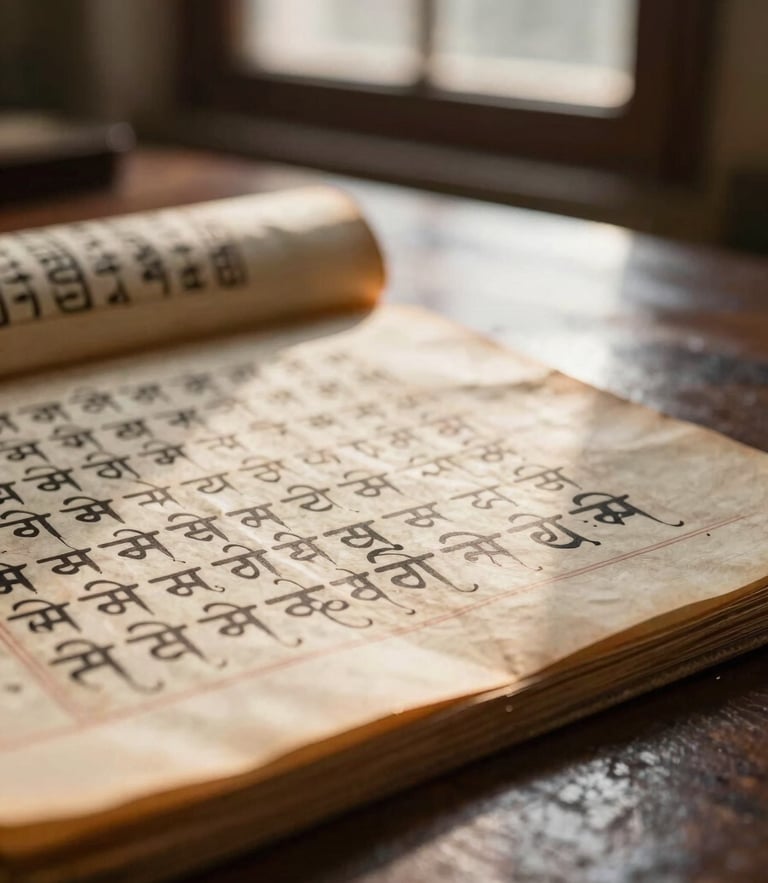 Macro close-up of ancient Sanskrit palm-leaf manuscripts resting on a dark wood surface, warm morning sunlight filtering through a window, shallow depth of field.