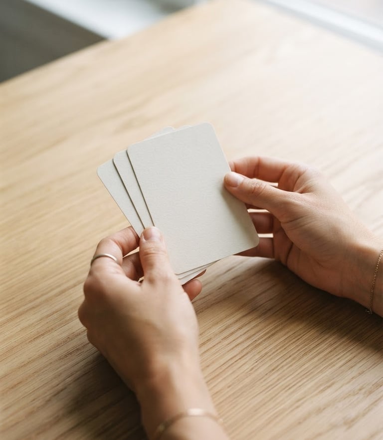 Close-up of hands holding clean therapy cards on a light wooden table, soft natural daylight, muted sophisticated tones