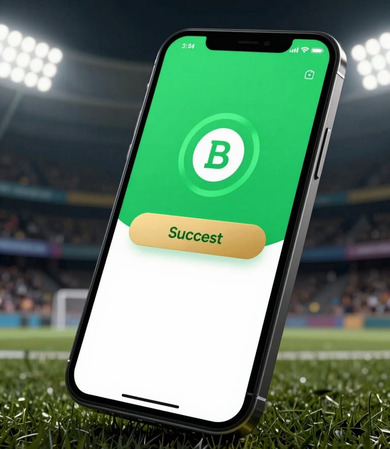 Dynamic high-contrast shot of a smartphone screen displaying a successful green bank transfer notification, glowing neon green and gold accents, set against a dark stadium background with high-contrast floodlights.