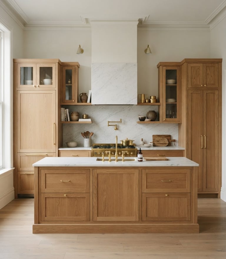 Straight-on architectural elevation of a luxury kitchen with warm oak cabinetry, polished brass fixtures, and white marble countertops under soft daylight