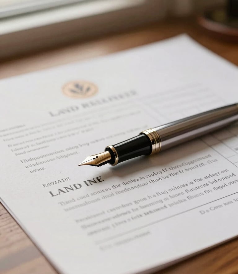 Close-up of elegant fountain pen resting on official land registry documents, blueprints softly blurred in the background, warm natural desk lighting, professional editorial style