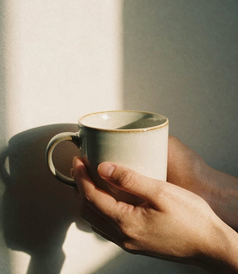 Close-up of hands holding a warm ceramic mug, soft late afternoon sunlight casting long shadows on a textured neutral wall, cozy and reflective atmosphere, 35mm film