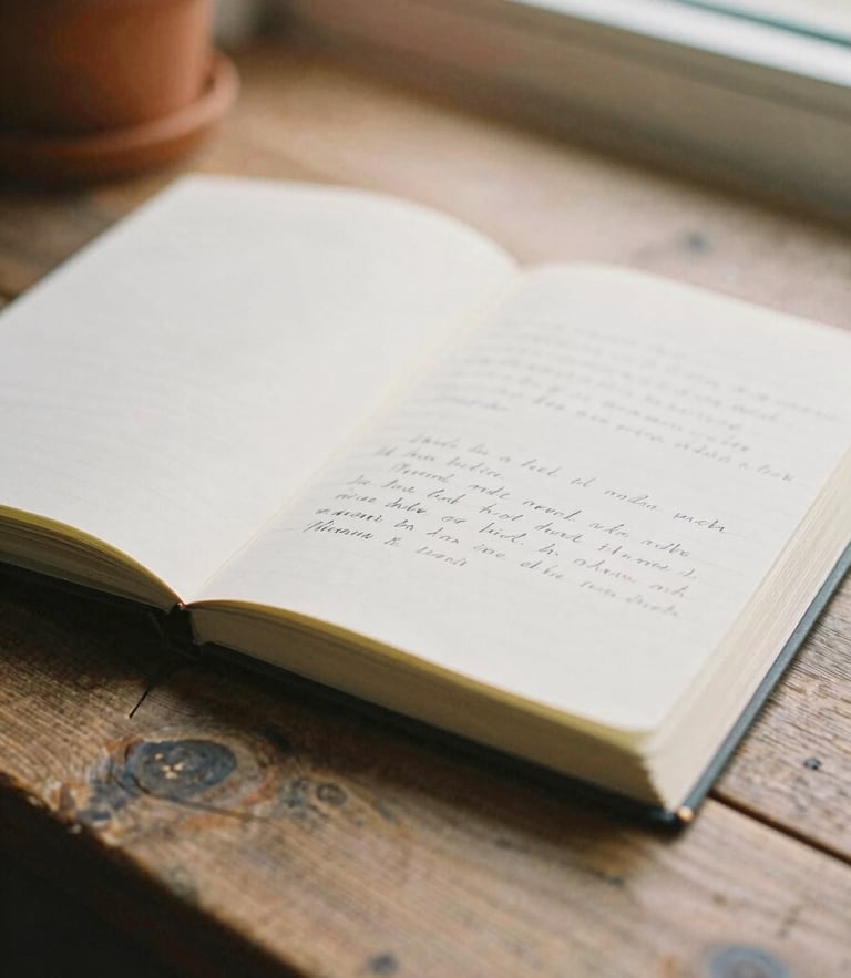 A close-up of a hand-written journal open on a rustic wooden table, soft morning window light, warm terracotta accents, 35mm film grain