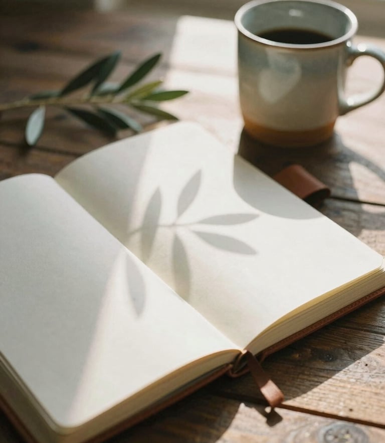 An open leather journal on a rustic wooden table, soft morning shadows of olive leaves dancing on textured paper, warm ceramic mug nearby, shallow depth of field, 35mm film grain