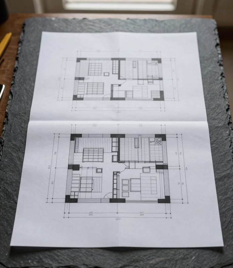 Straight-on elevation of a clean, flat-lay composition of technical construction drawings on a dark slate desk, natural overcast light, sharp architectural lines.