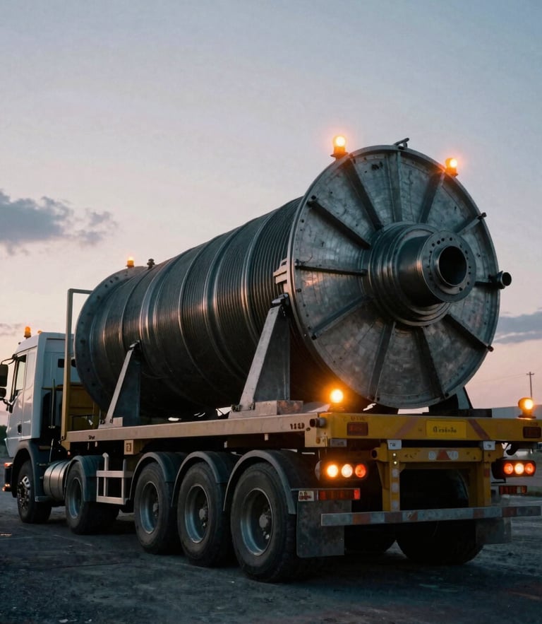 Low-angle heroic perspective of a multi-axle heavy transport trailer carrying a massive industrial turbine, overcast twilight with flashing safety beacons, 35mm film.