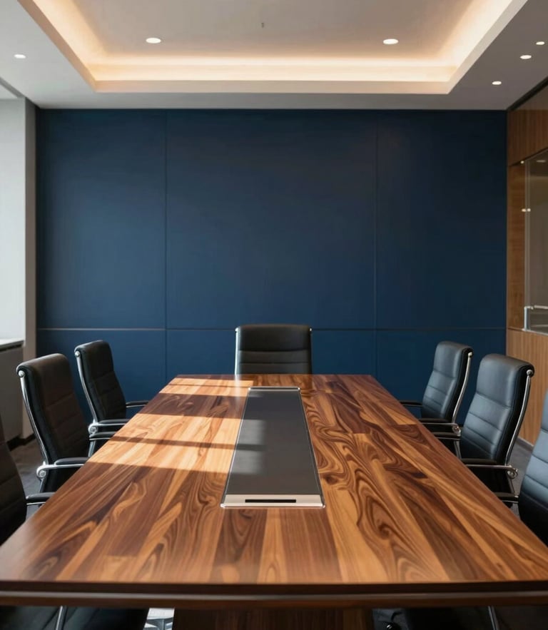 A wide environmental shot of a modern corporate boardroom with natural light reflecting off a polished mahogany table, deep navy tones, editorial corporate photography style.