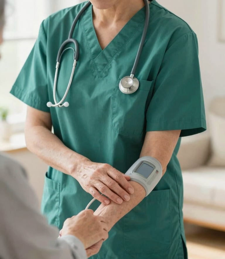 Medium close-up of a professional nurse in clean green scrubs gently checking the pulse of an elderly patient in a bright, warm home setting, soft natural morning light.