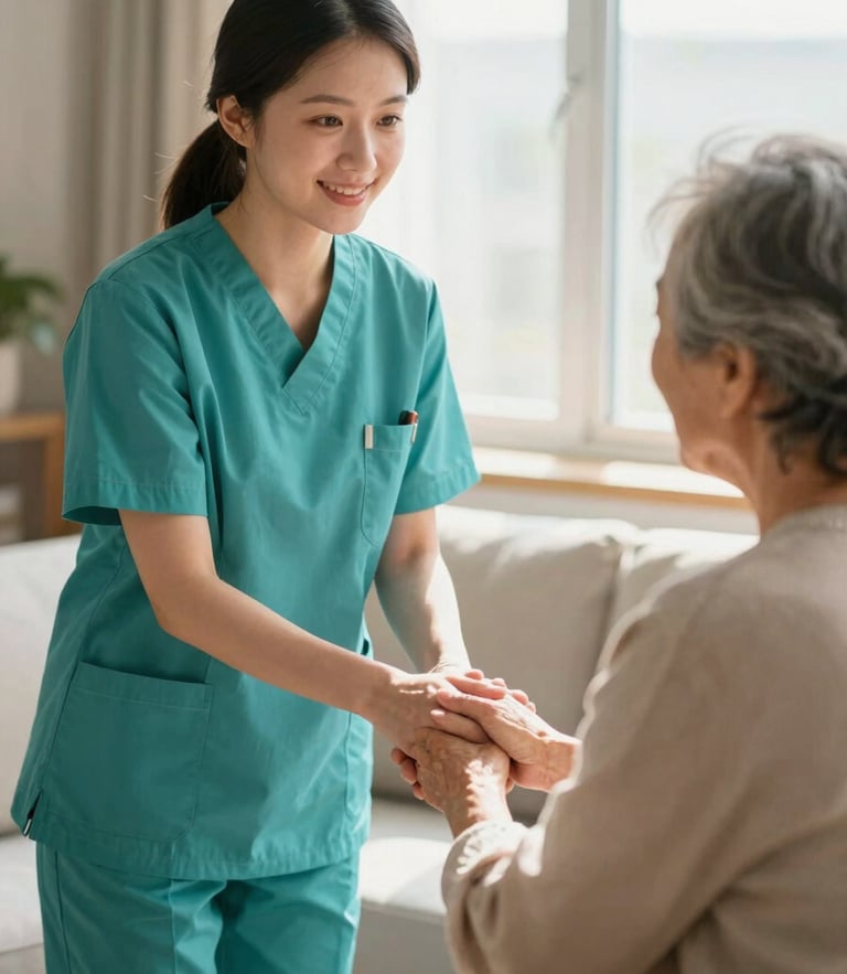 A professional female nurse in a clean teal uniform gently holding the hand of an elderly patient in a warm, sunlit living room, soft morning light, authentic editorial healthcare photography.