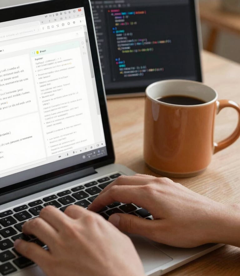 Close-up detail of a designer's hands typing code next to a warm ceramic mug, split-screen showing clean website wireframes and a structured AI prompt interface in soft morning light.