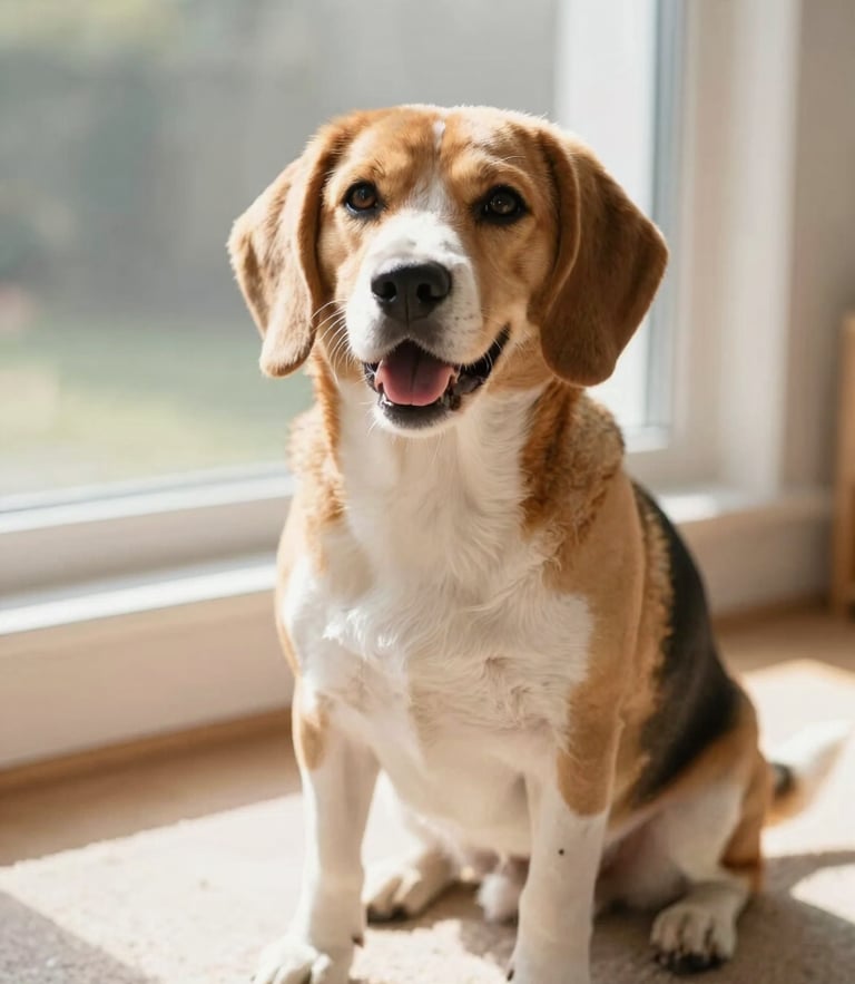 Eye-level photo of a happy beagle sitting calmly on a rug while warm daylight shines through the window, shallow depth of field, 35mm