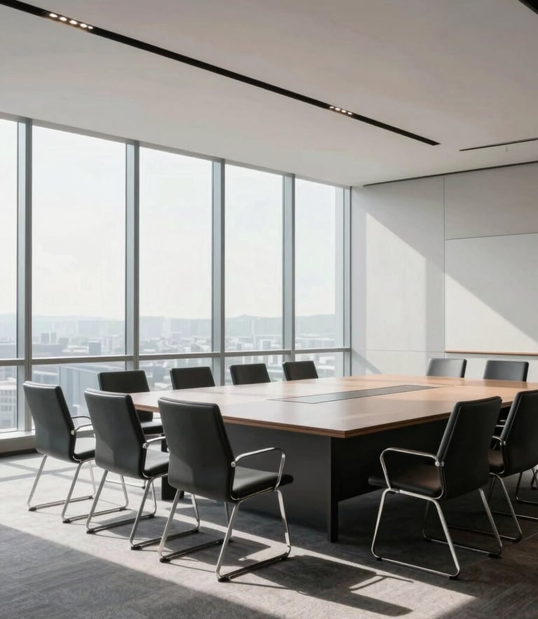 Structured environmental shot of a premium, minimalist corporate conference hall, clean daylight streaming through floor-to-ceiling windows, sharp geometric seating layout, no people.